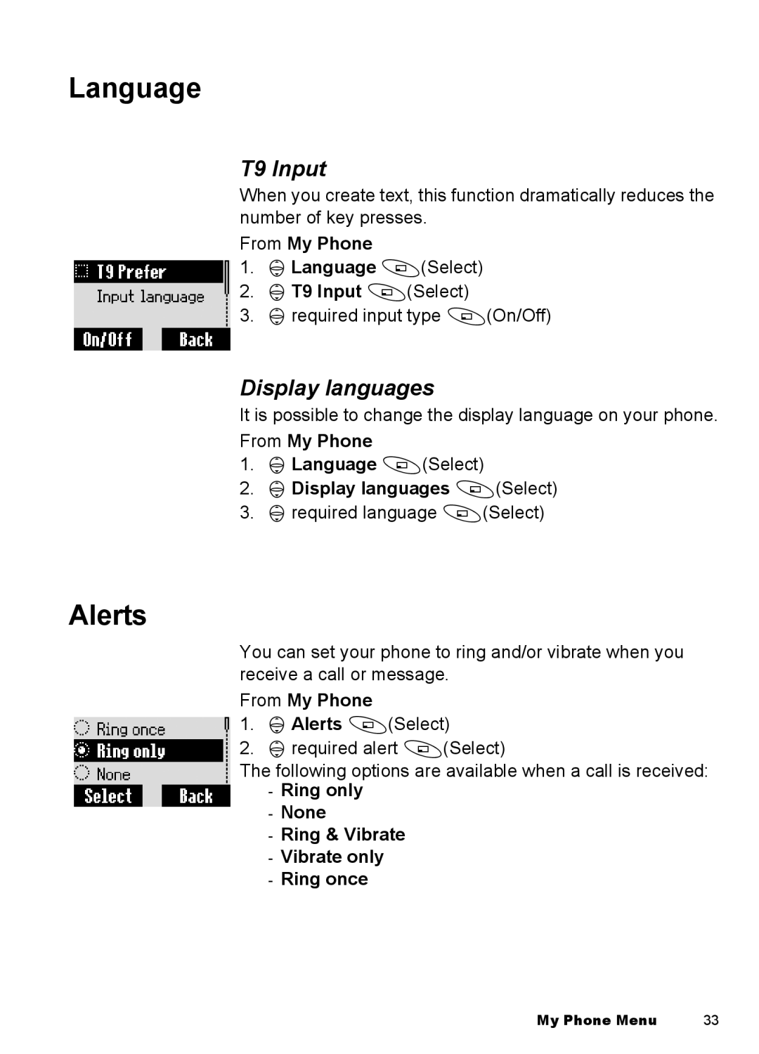 Panasonic EB-A100 manual Language, Alerts, T9 Input, Display languages 