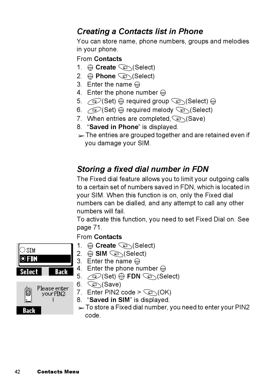 Panasonic EB-A100 manual Creating a Contacts list in Phone, Storing a fixed dial number in FDN 