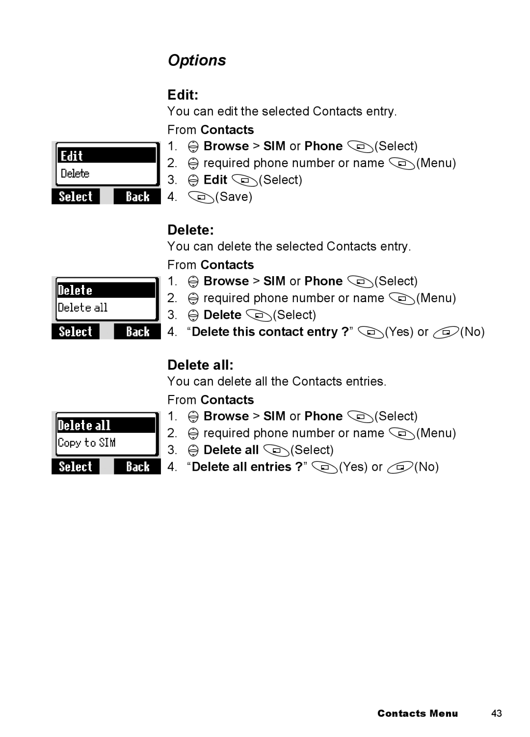 Panasonic EB-A100 manual Options, Edit, Delete all 