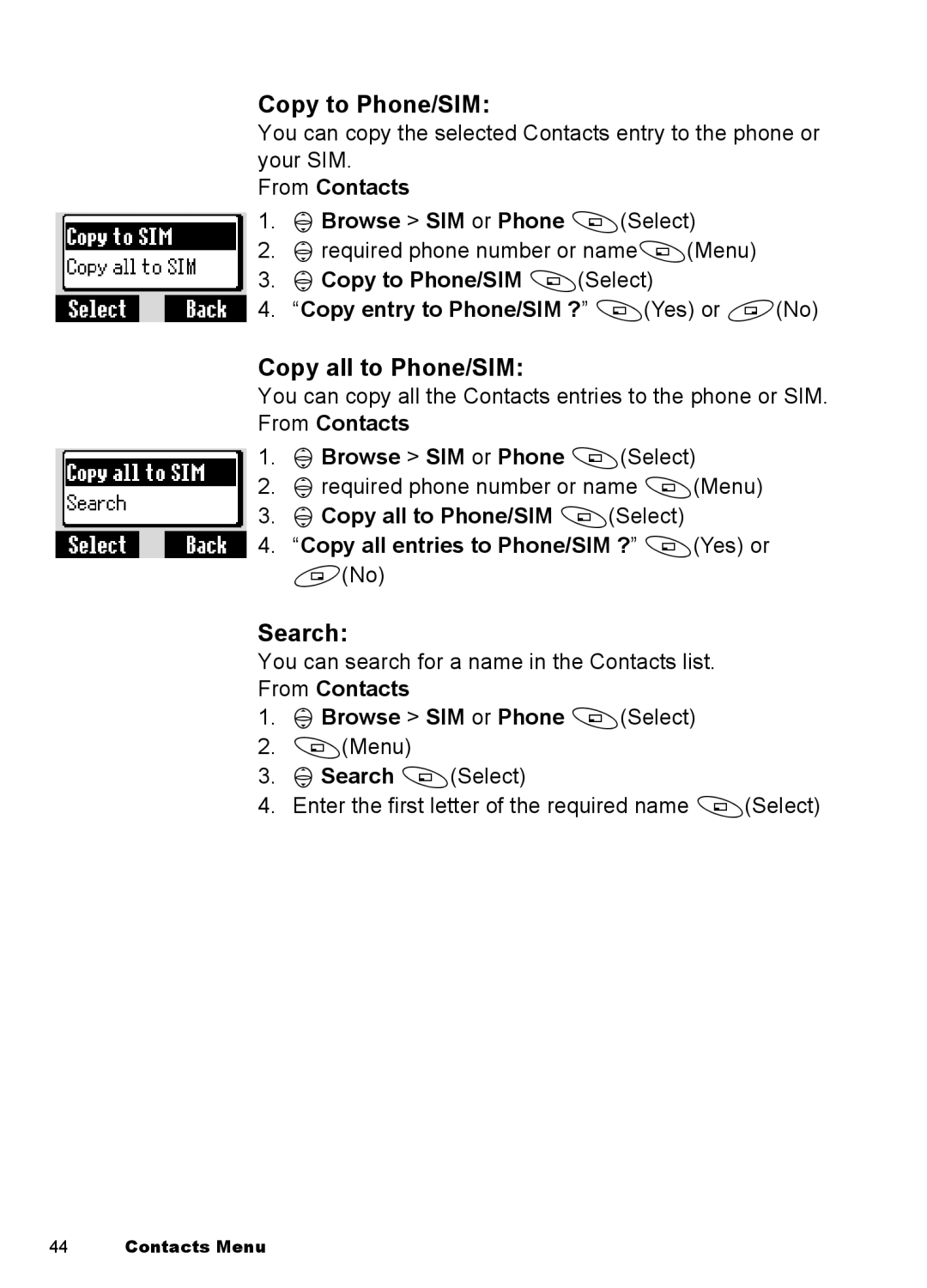 Panasonic EB-A100 manual Copy to Phone/SIM, Copy all to Phone/SIM, Search 