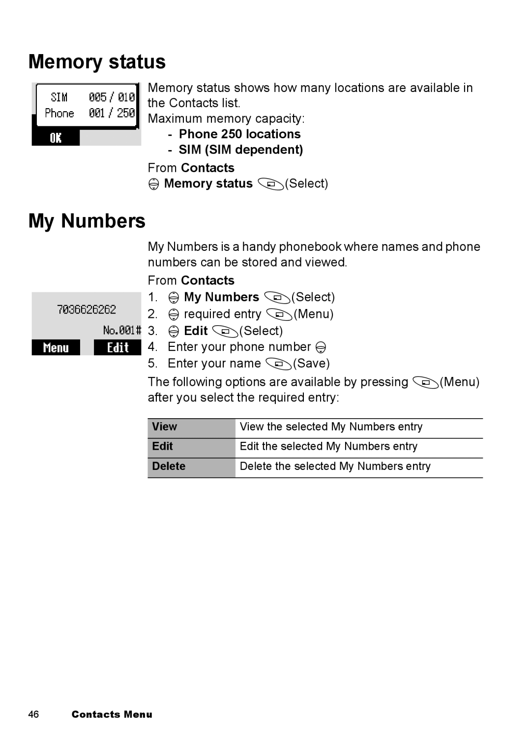 Panasonic EB-A100 manual Memory status, From Contacts 4My Numbers ASelect 