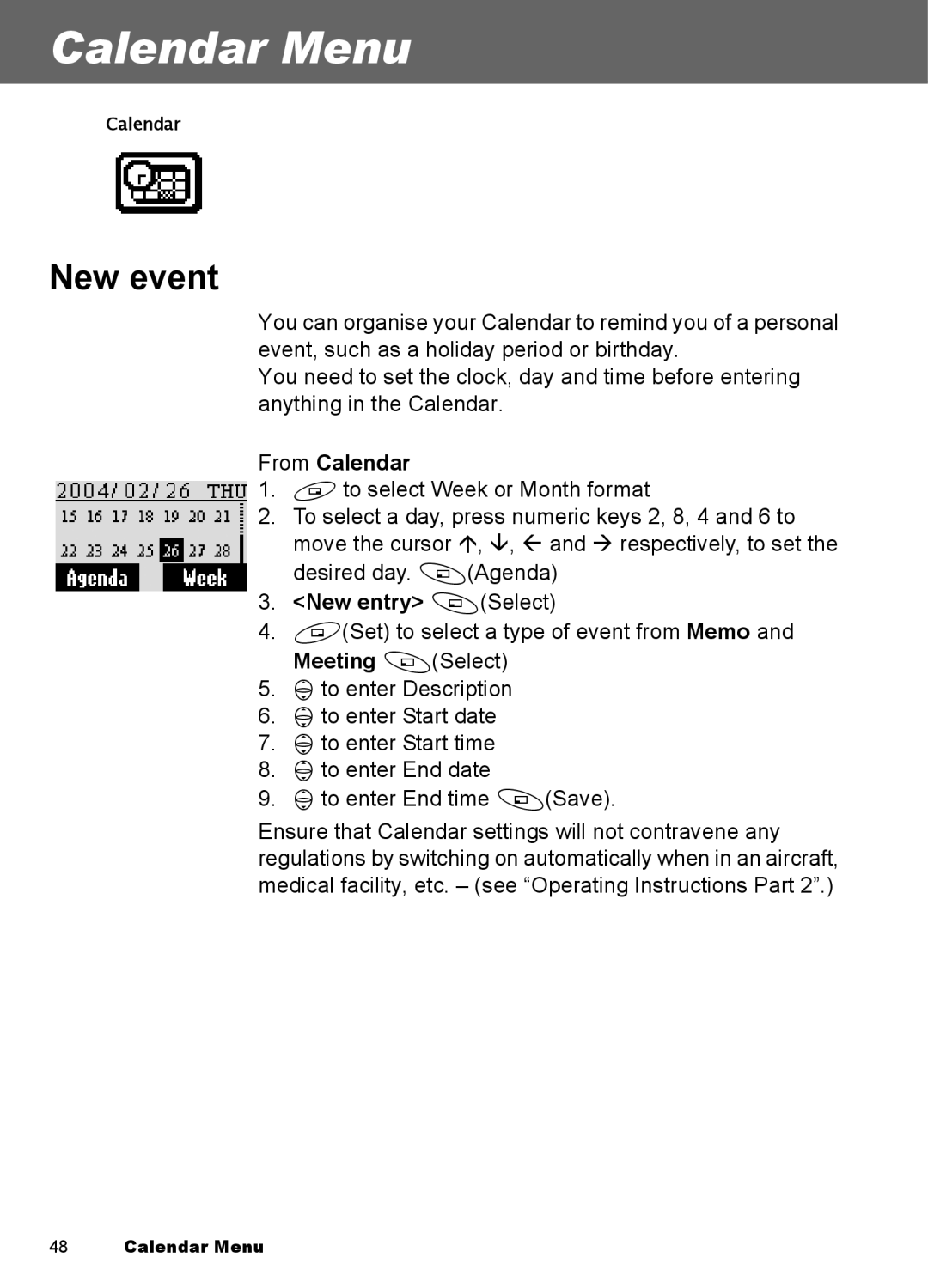 Panasonic EB-A100 manual Calendar Menu, New event, From Calendar, New entry ASelect 