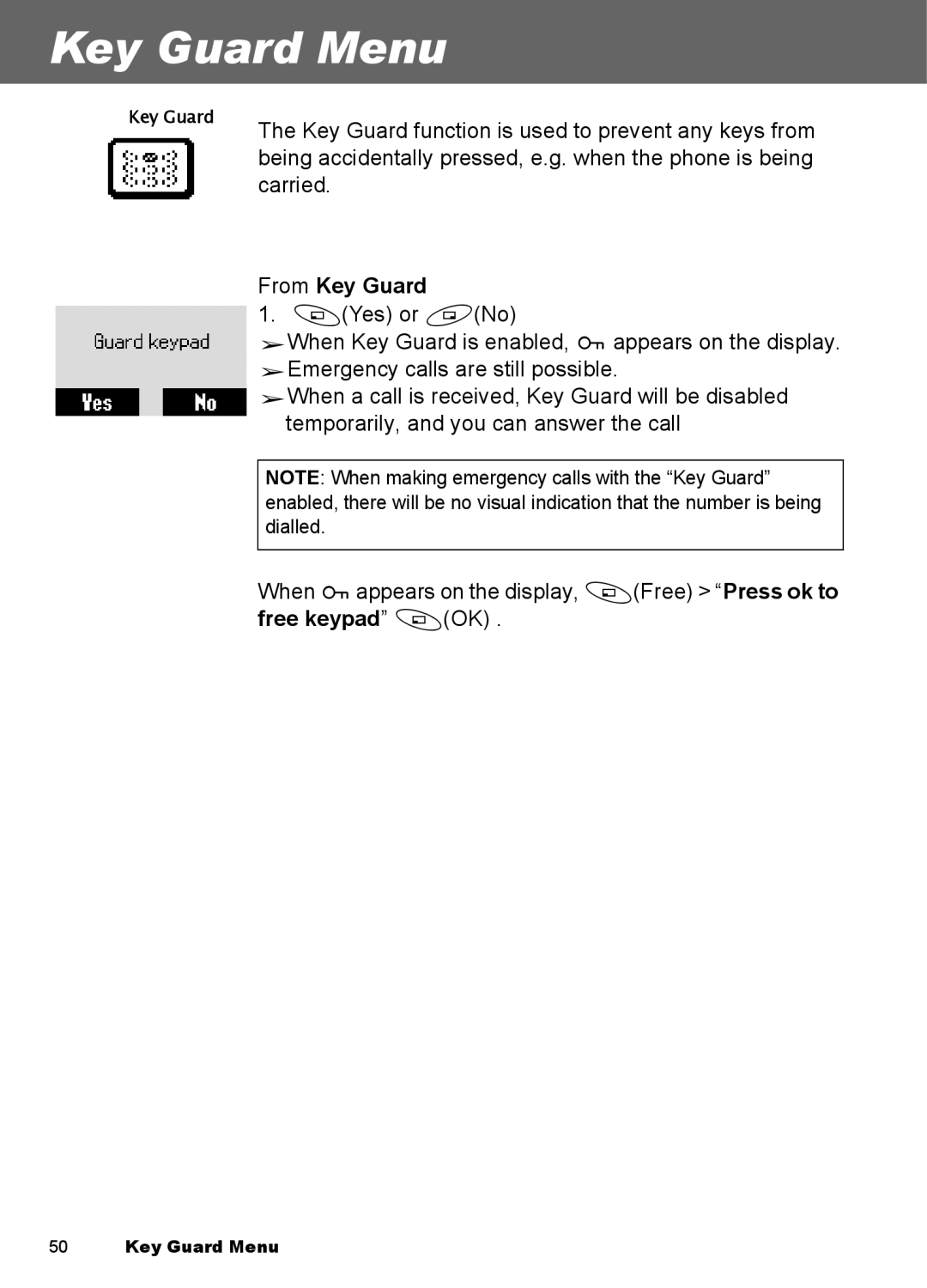 Panasonic EB-A100 manual Key Guard Menu, From Key Guard 