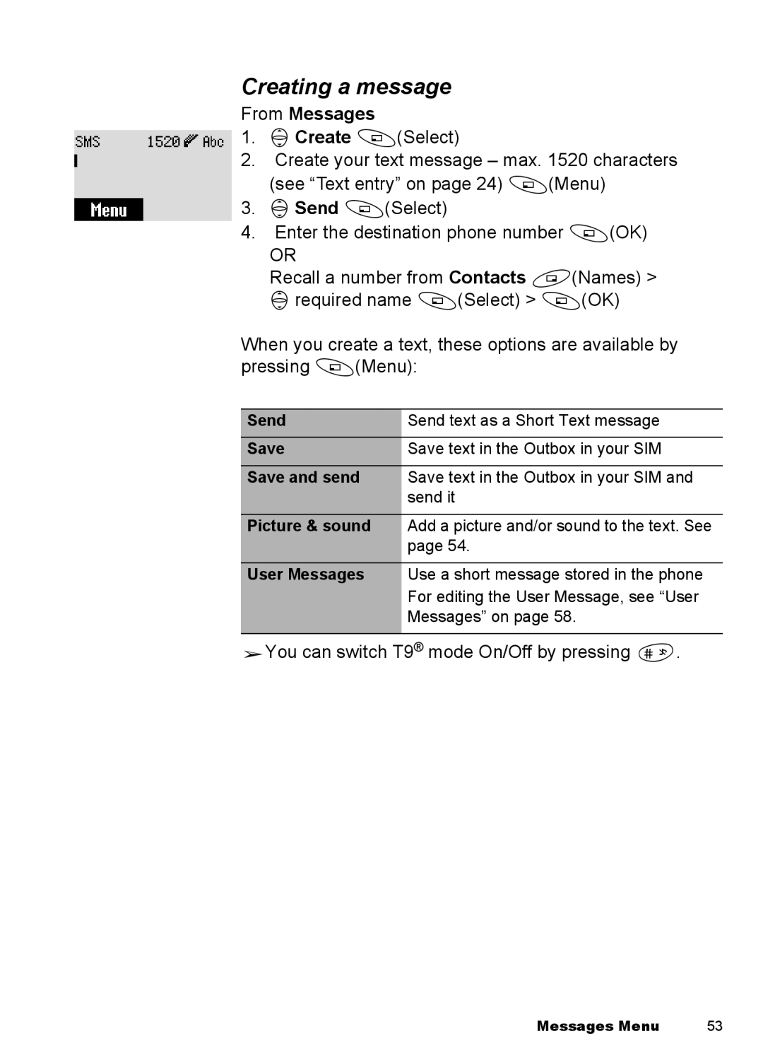 Panasonic EB-A100 manual Creating a message, From Messages 