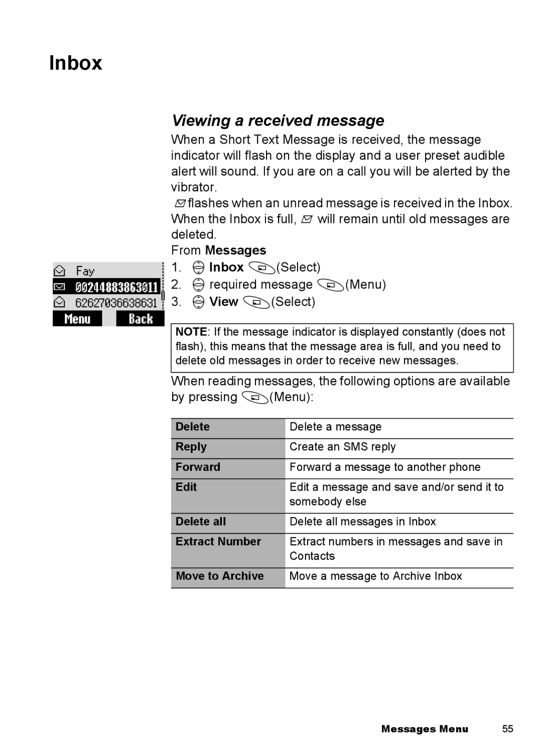 Panasonic EB-A100 manual Inbox, Viewing a received message 