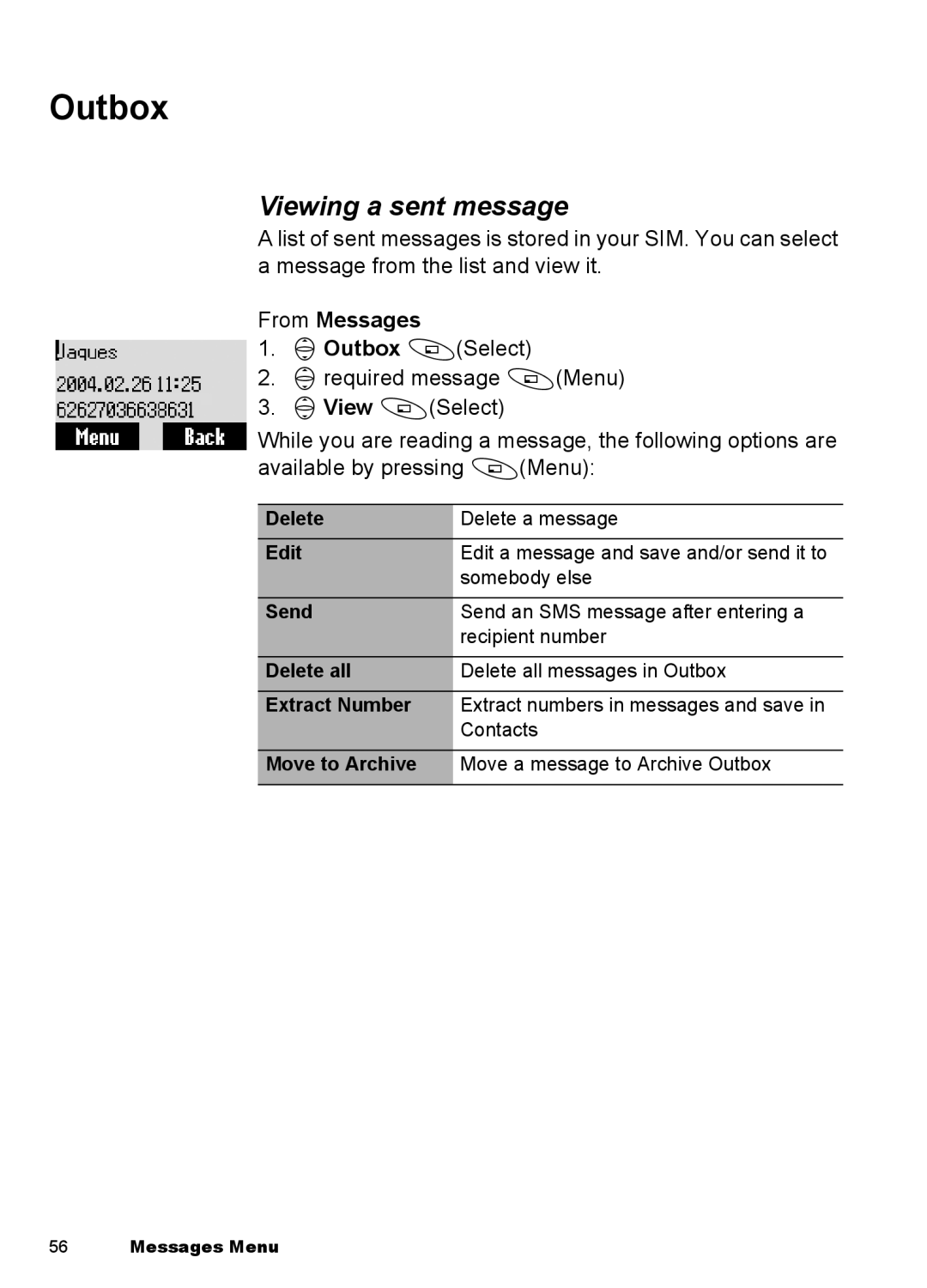 Panasonic EB-A100 manual Outbox, Viewing a sent message 