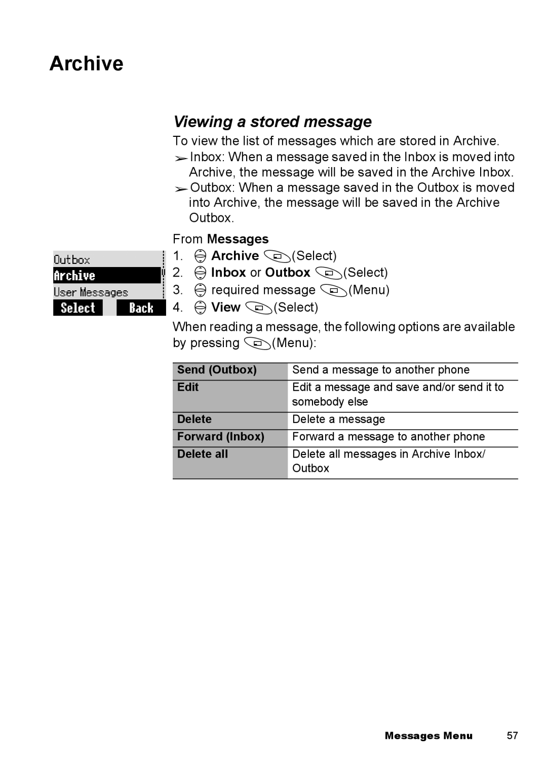 Panasonic EB-A100 manual Viewing a stored message, From Messages 4Archive ASelect 4Inbox or Outbox ASelect 