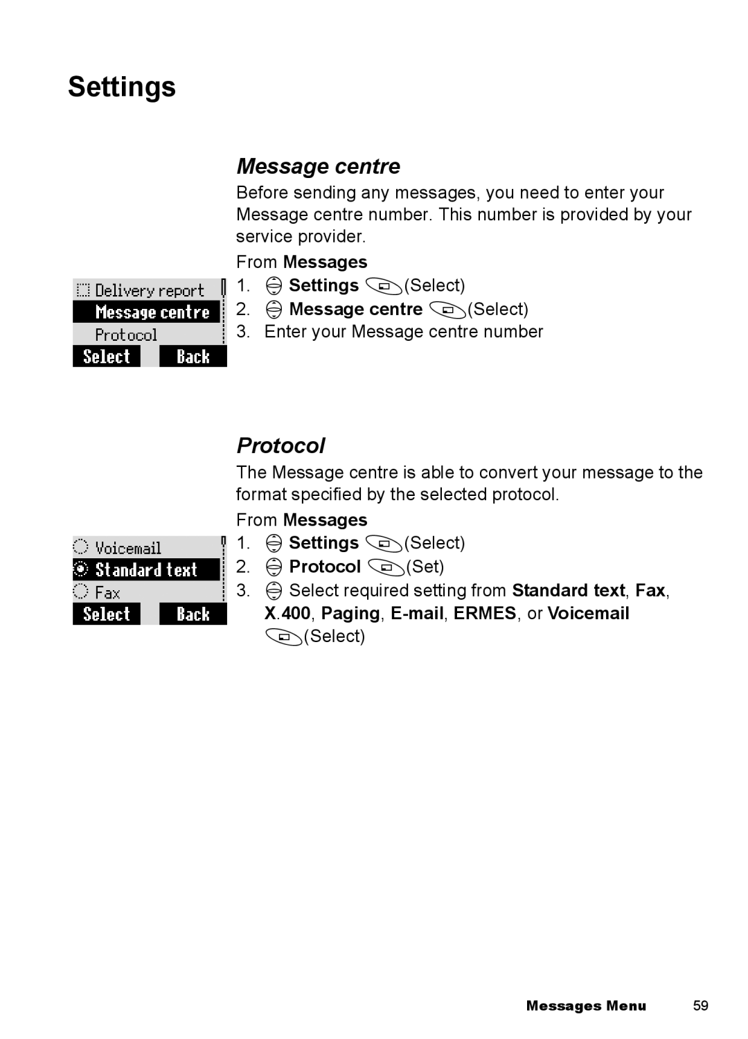 Panasonic EB-A100 manual Protocol, From Messages 4Settings ASelect 4Message centre ASelect 