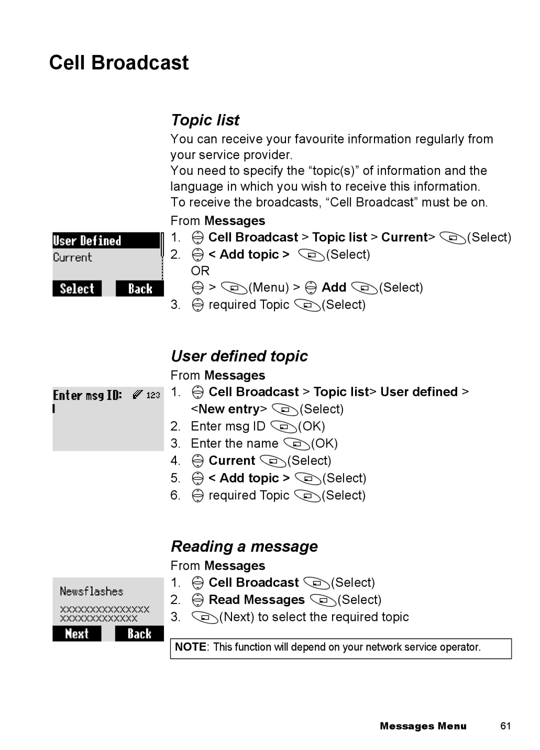 Panasonic EB-A100 Cell Broadcast, Topic list, User defined topic, Reading a message, 4Current ASelect Add topic ASelect 