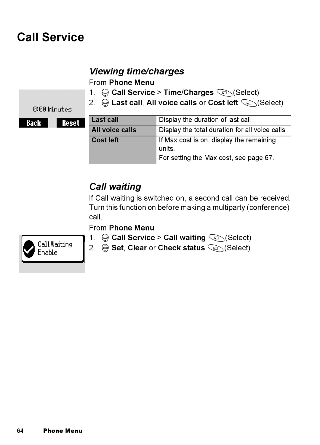 Panasonic EB-A100 manual Call Service, Viewing time/charges, Call waiting 