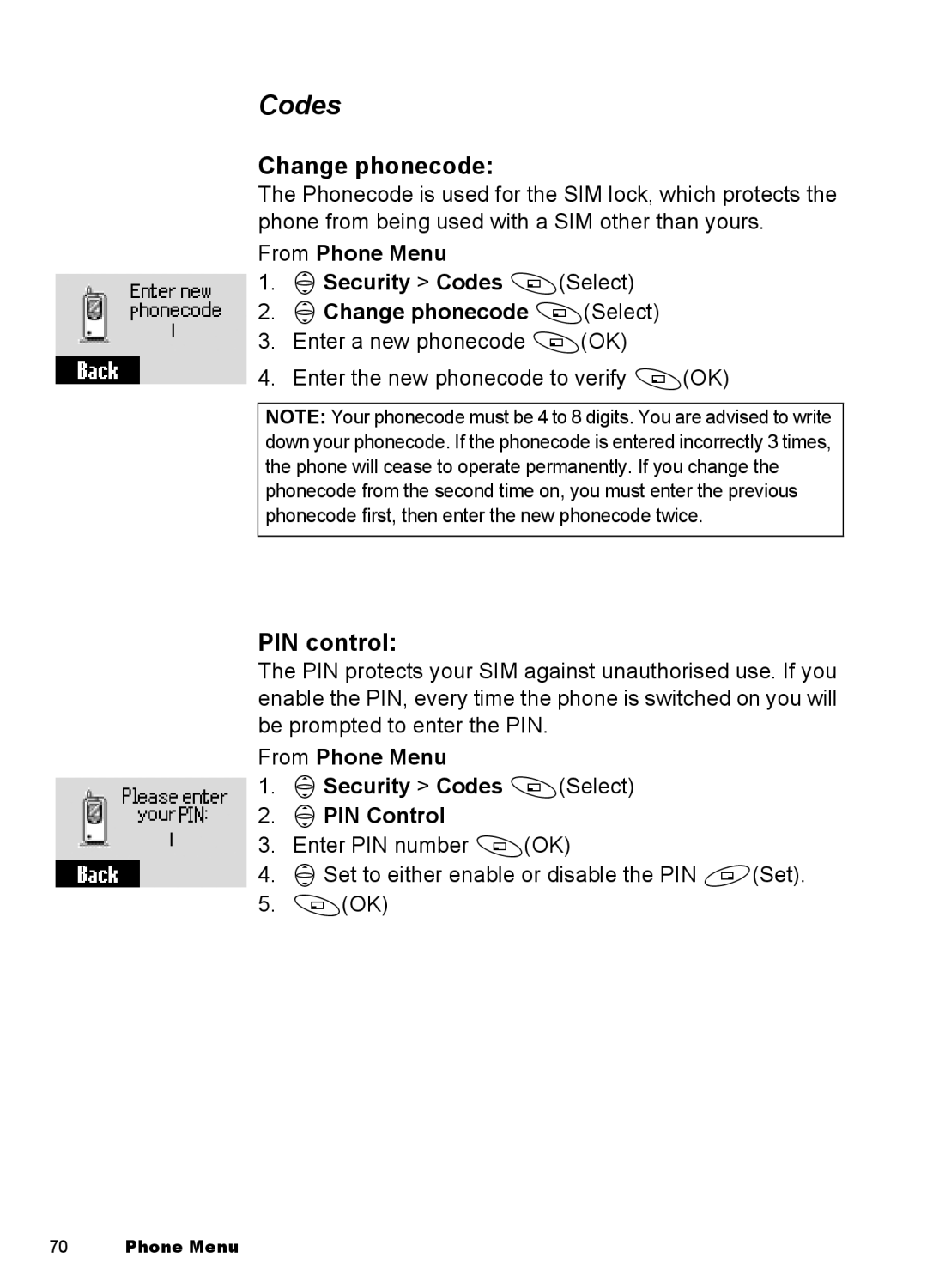 Panasonic EB-A100 manual Change phonecode, PIN control, From Phone Menu 4Security Codes ASelect 4PIN Control 