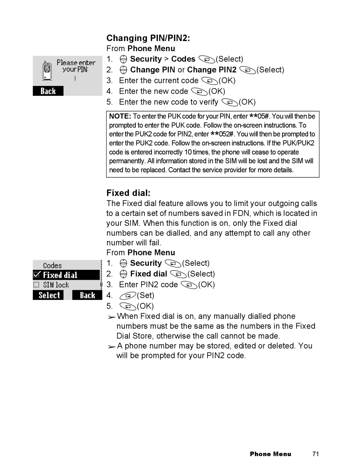 Panasonic EB-A100 manual Changing PIN/PIN2, From Phone Menu 4Security ASelect 4Fixed dial ASelect 