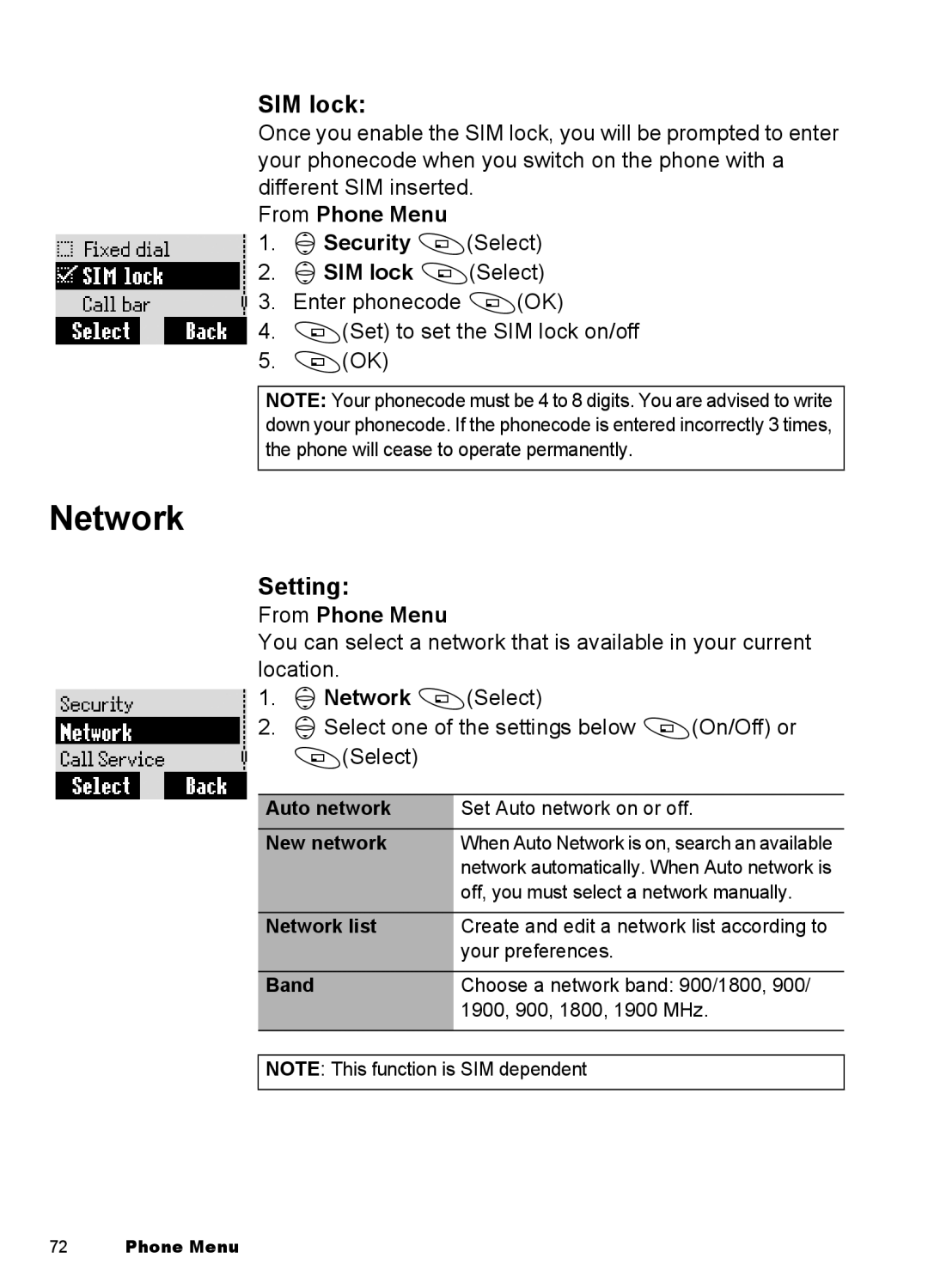 Panasonic EB-A100 manual Setting, From Phone Menu 4Security ASelect 4SIM lock ASelect, 4Network ASelect 