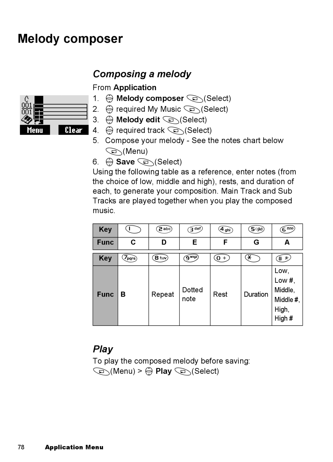 Panasonic EB-A100 manual Composing a melody, Play, From Application 4Melody composer ASelect, 4Melody edit ASelect 