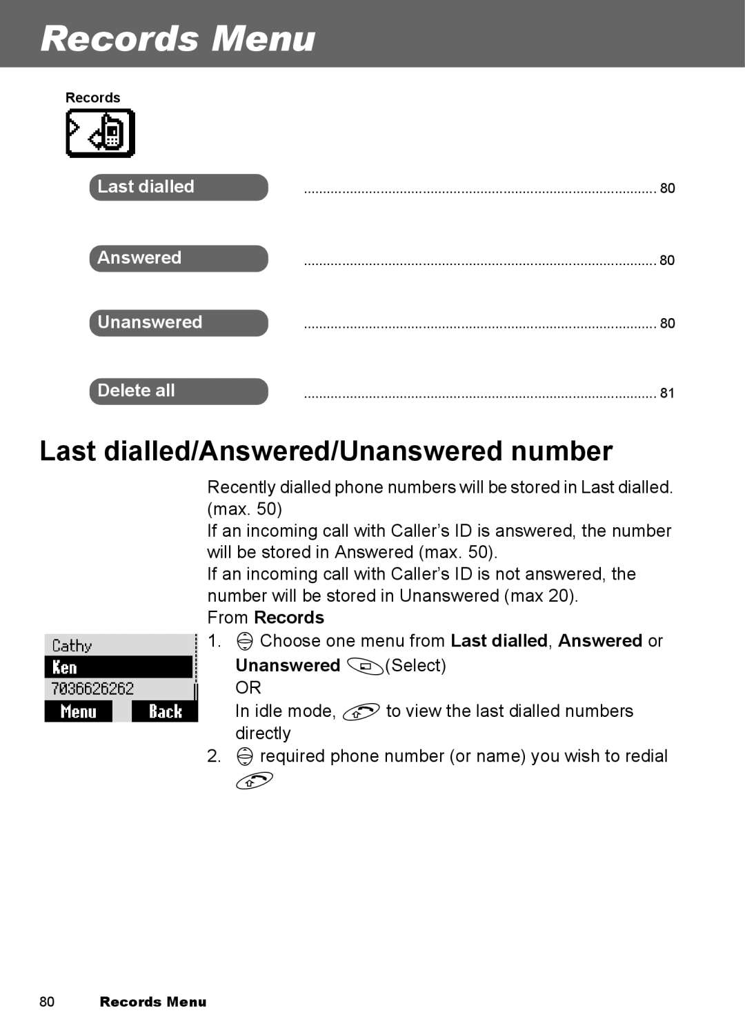 Panasonic EB-A100 manual Records Menu, Last dialled/Answered/Unanswered number, From Records 