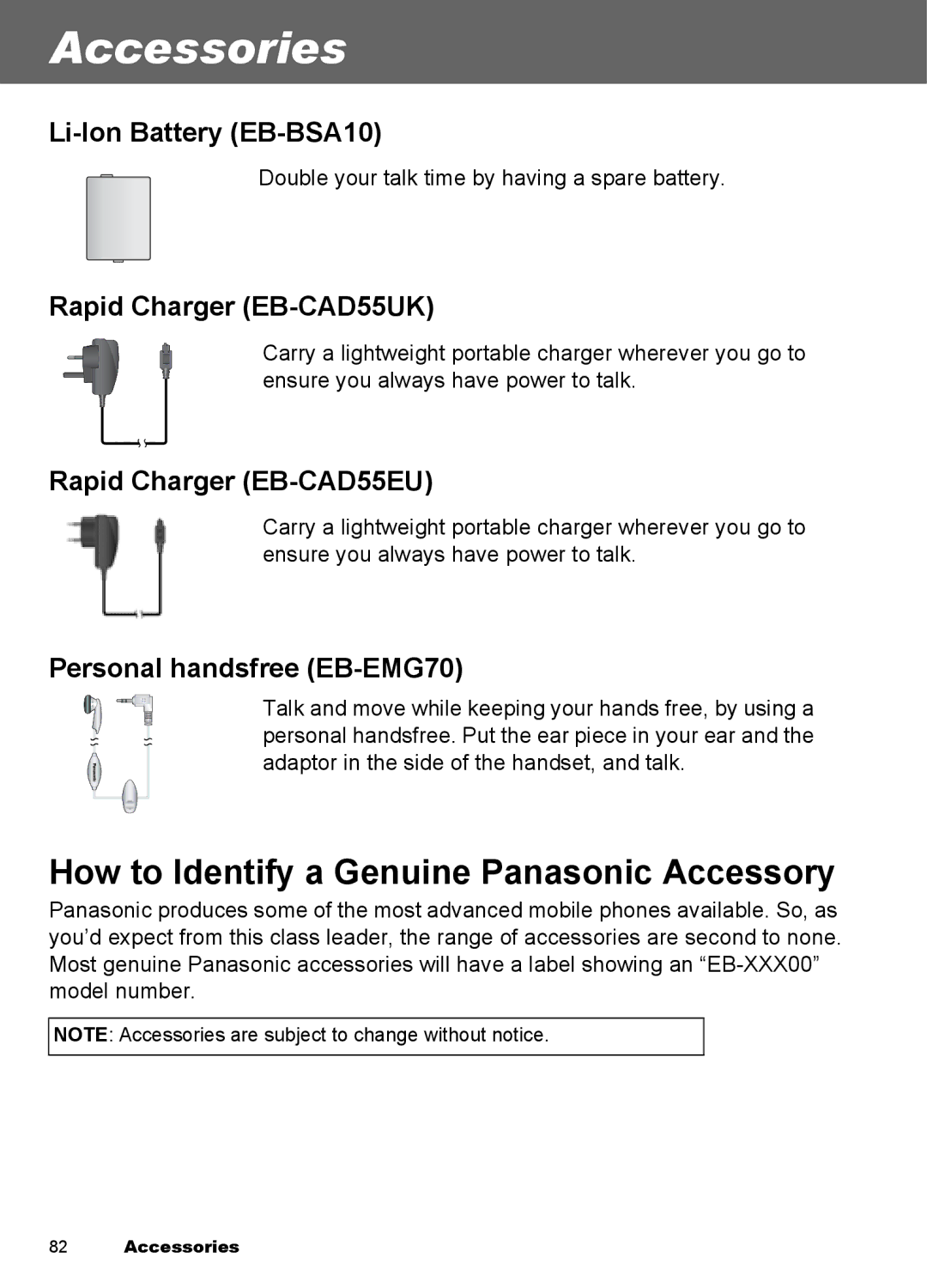 Panasonic EB-A100 manual Accessories, How to Identify a Genuine Panasonic Accessory 