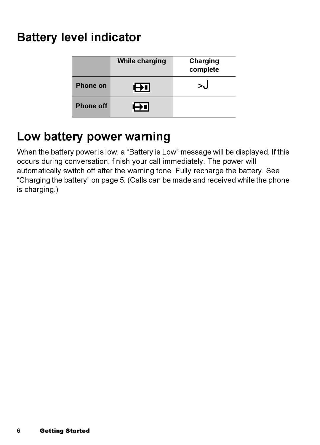 Panasonic EB-A100 manual Battery level indicator, Low battery power warning 