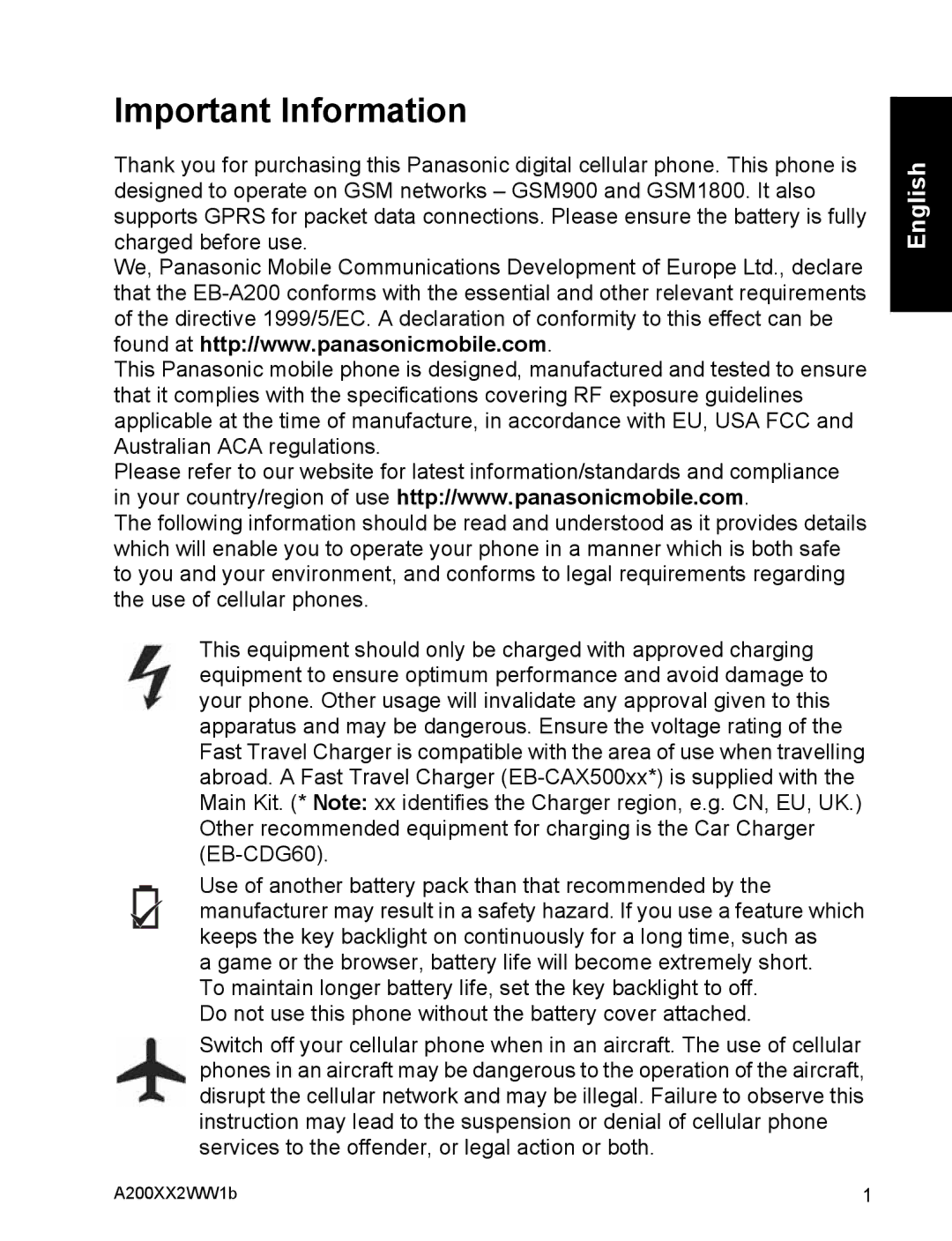 Panasonic EB-A200 operating instructions Important Information 