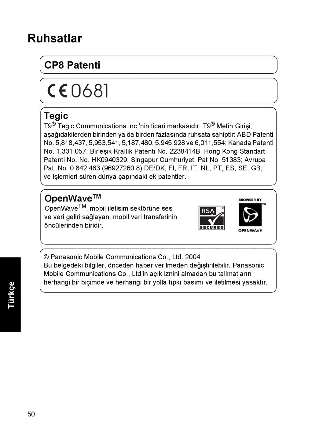 Panasonic EB-A200 operating instructions Ruhsatlar, CP8 Patenti 