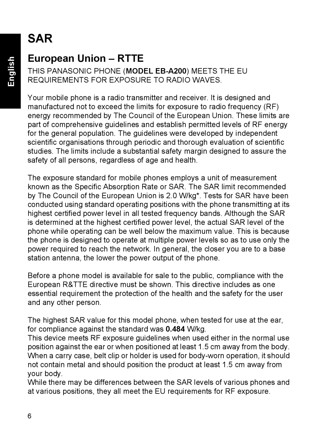 Panasonic EB-A200 operating instructions Sar, European Union Rtte 