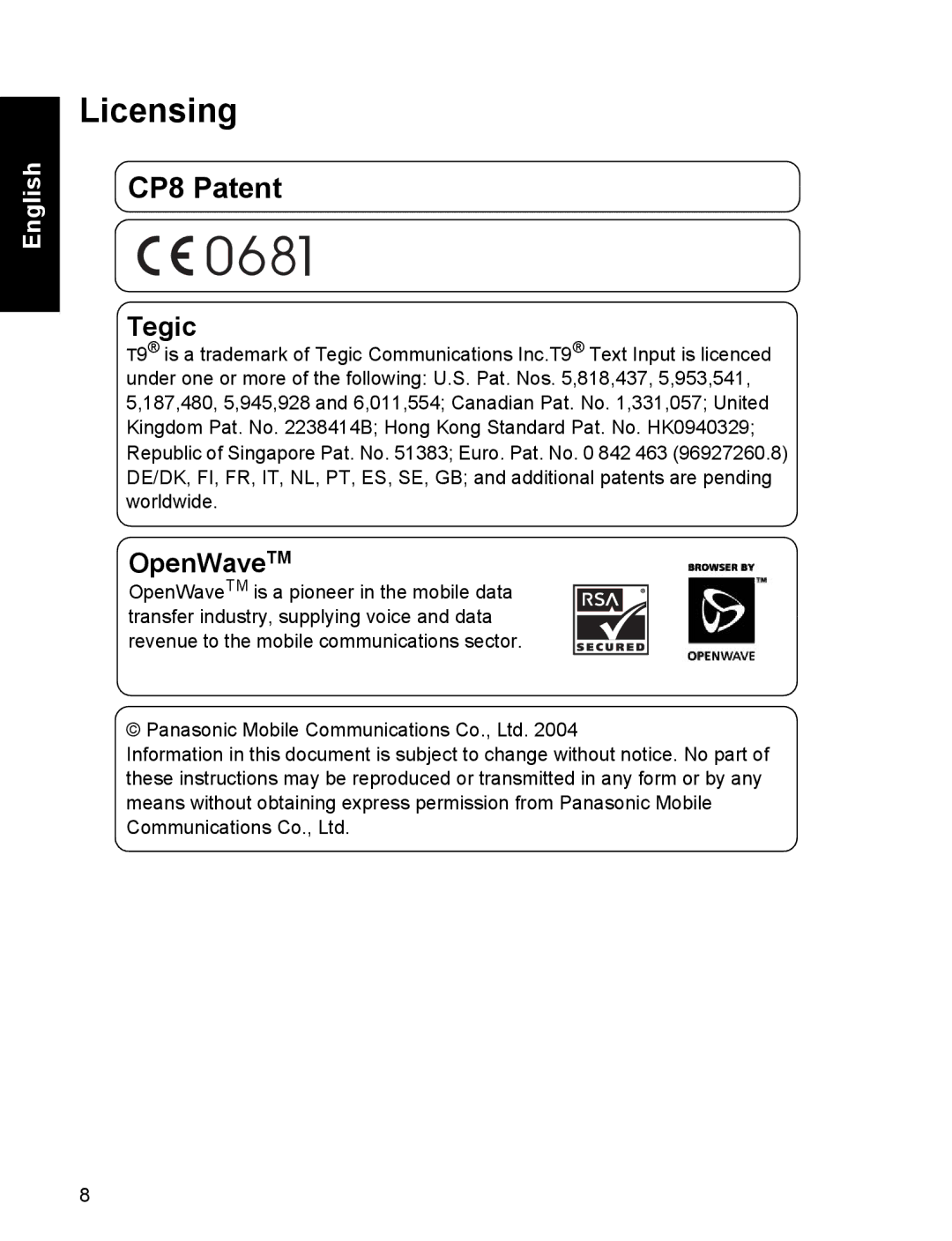 Panasonic EB-A200 operating instructions Licensing, CP8 Patent 