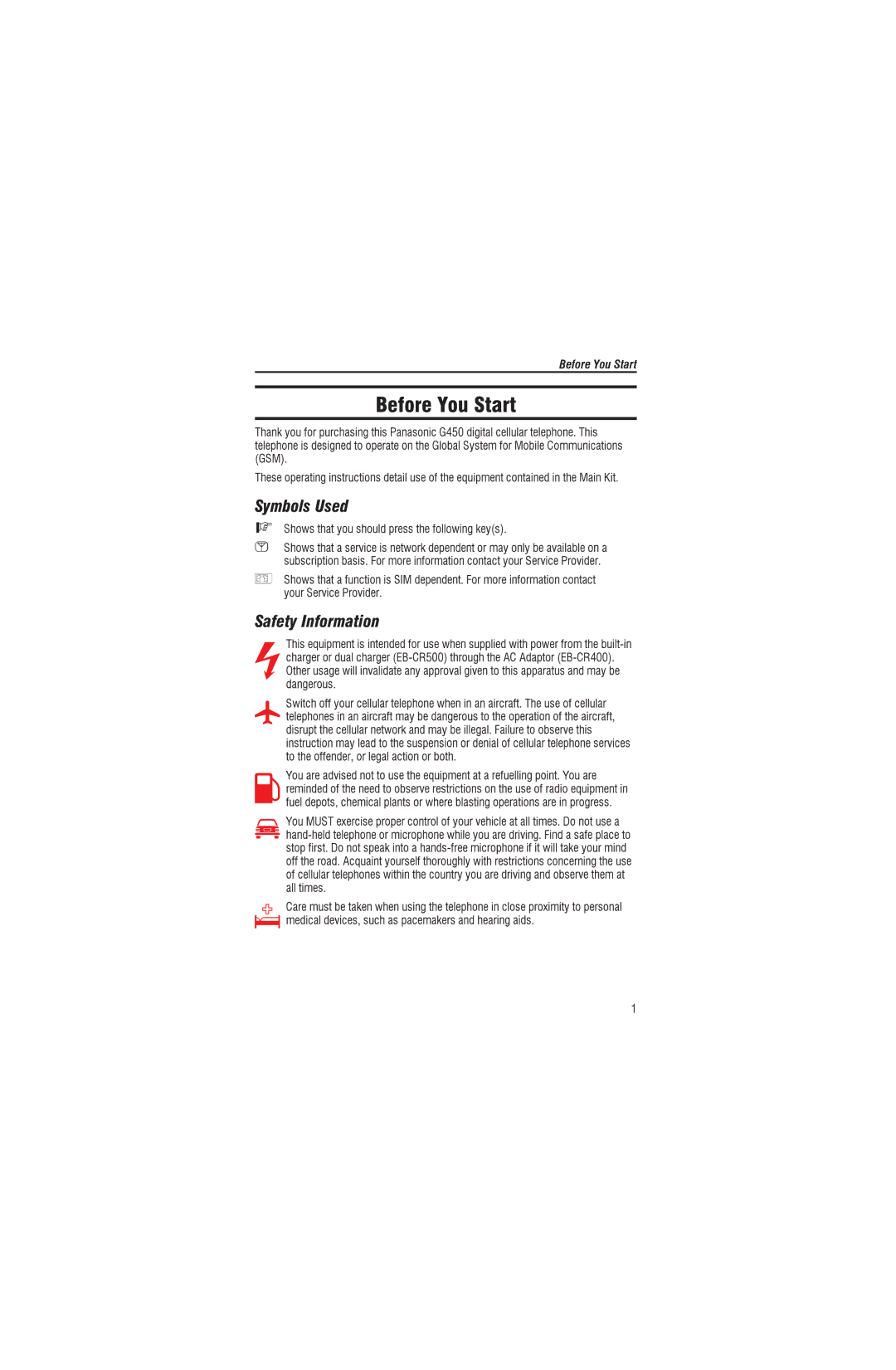 Panasonic EB-G450 operating instructions Llular, Symbols Used, Stopfirst.Donotpeakintoahands-fee 