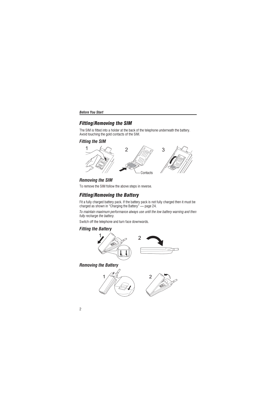 Panasonic EB-G450 operating instructions Fitting/Removing, Fitting the SIM, Fitting the Battery 2Removing the Battery 