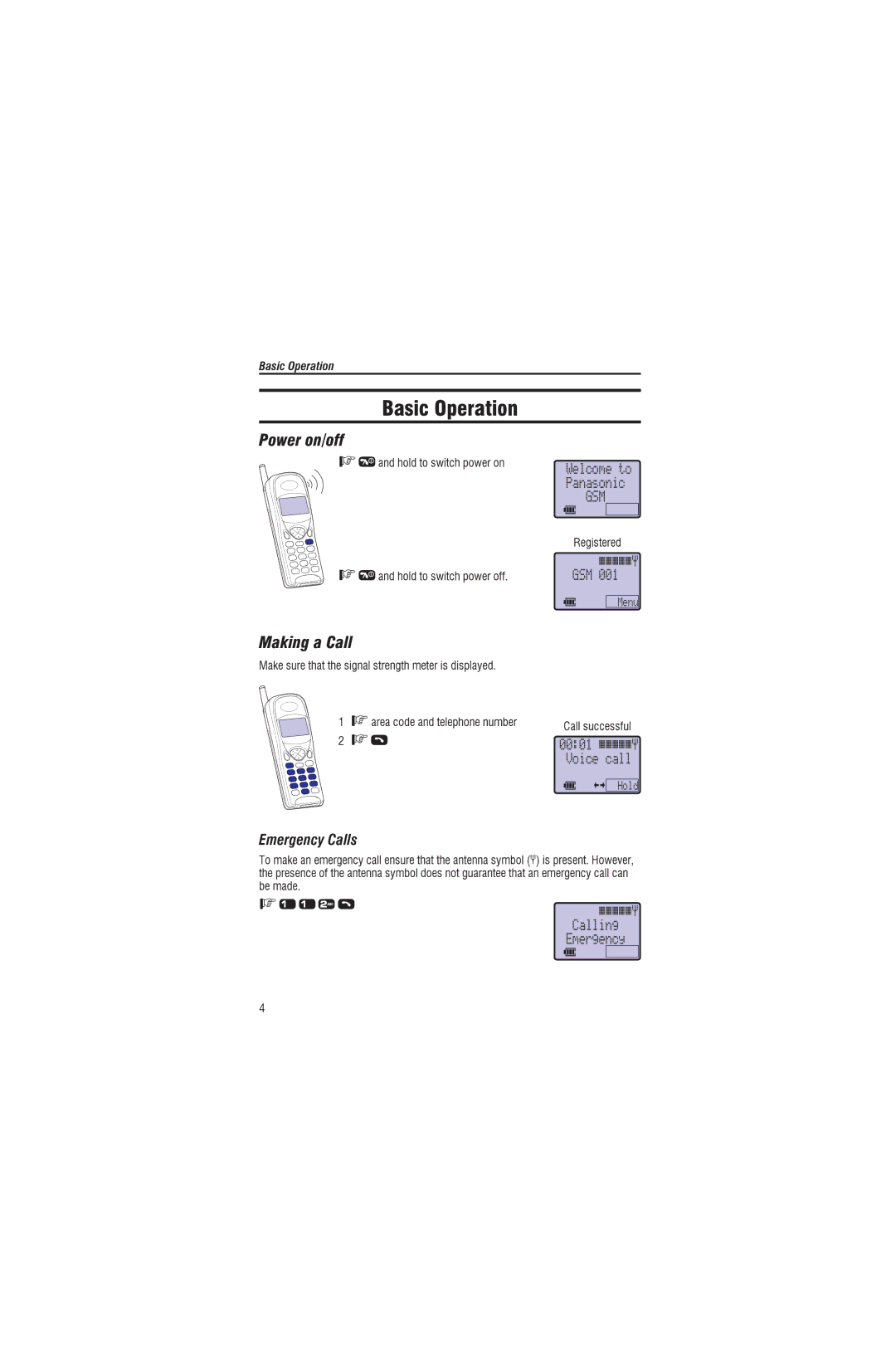 Panasonic EB-G450 operating instructions Power on/off, EmergeTo kean Calls callensurethattheantennasymbol 