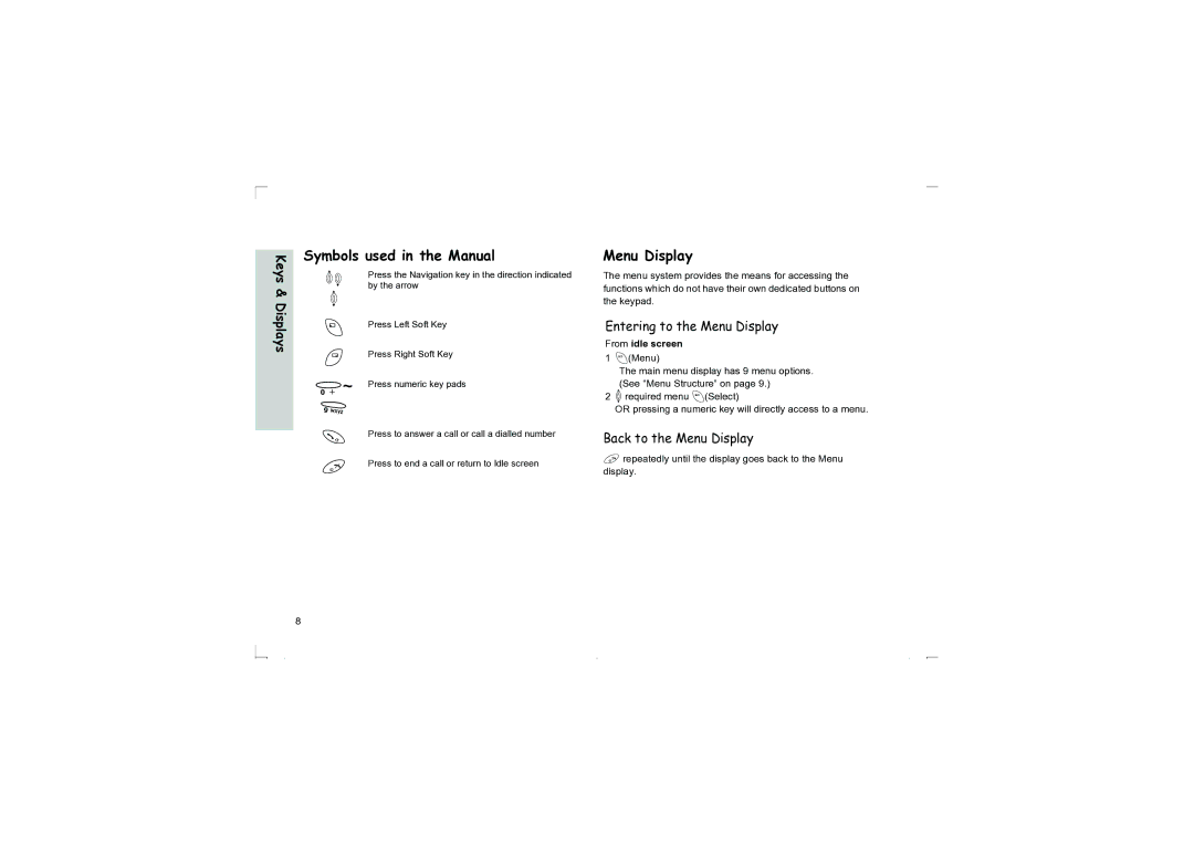 Panasonic EB-G50 Symbols used in the Manual, Entering to the Menu Display, Back to the Menu Display, From idle screen 