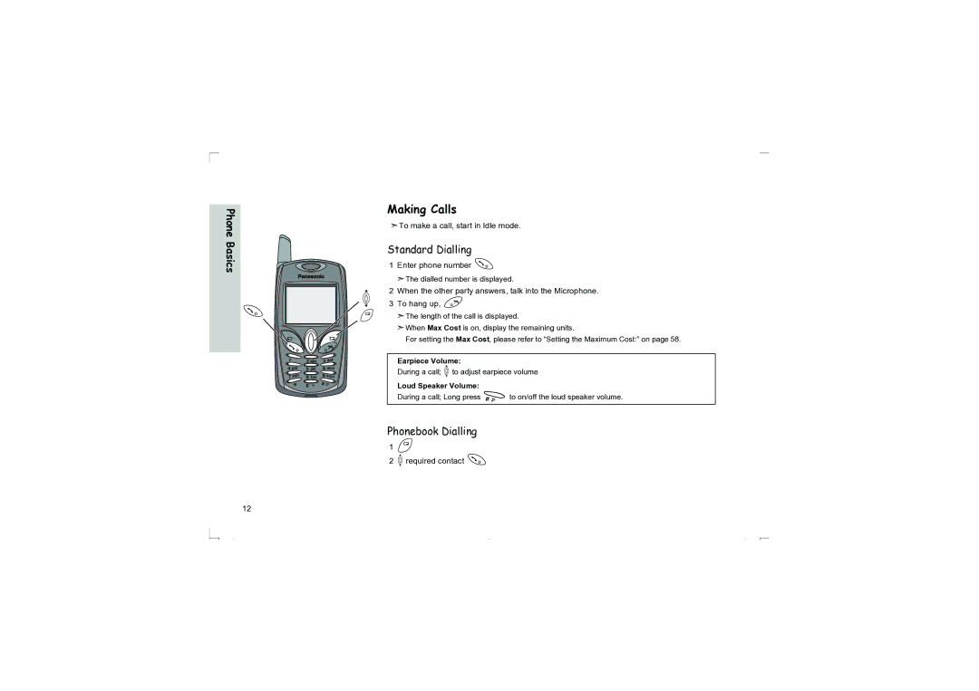 Panasonic EB-G50 Making Calls, Standard Dialling, Phonebook Dialling, Earpiece Volume, Loud Speaker Volume 