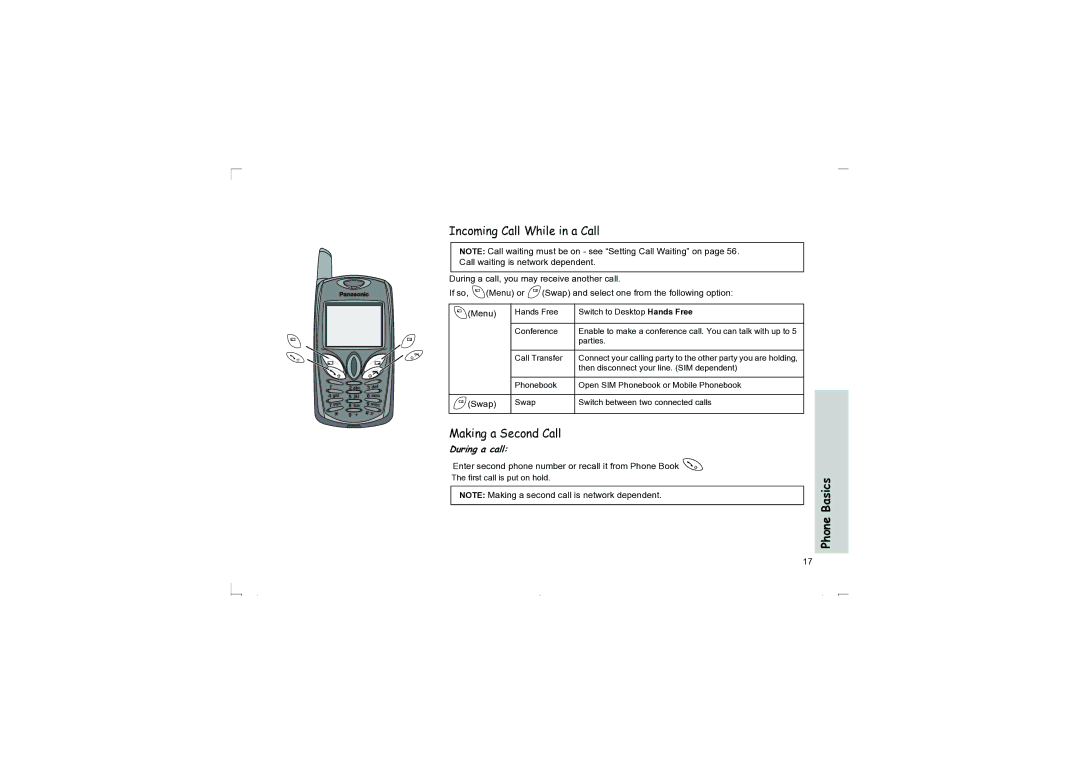 Panasonic EB-G50 operating instructions Incoming Call While in a Call, Making a Second Call, Call Transfer, During a call 