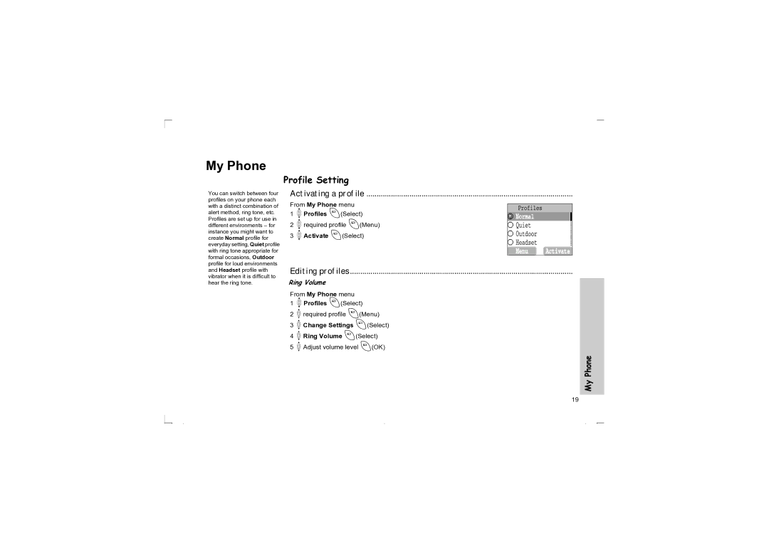 Panasonic EB-G50 operating instructions My Phone, Profile Setting, Activating a profile, Editing profiles, Ring Volume 