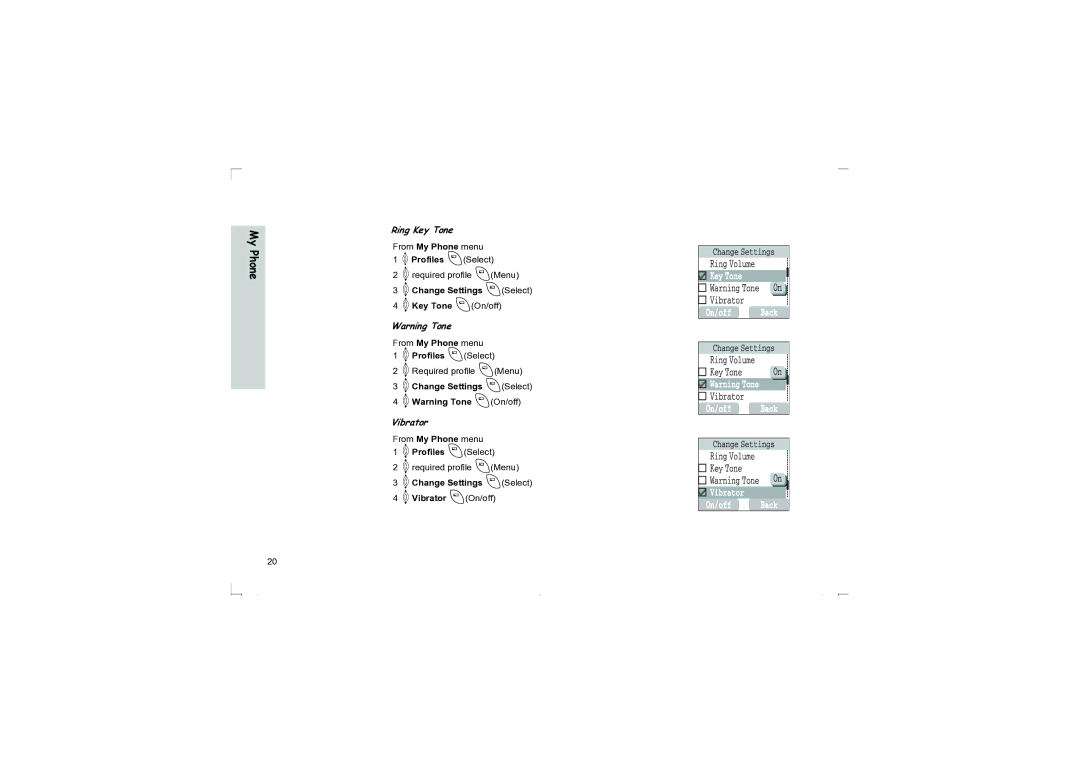 Panasonic EB-G50 Ring Key Tone, 4Change Settings ASelect 4Key Tone AOn/off, 4Change Settings ASelect 4Warning Tone AOn/off 