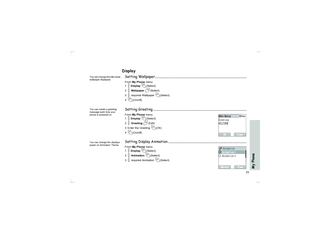 Panasonic EB-G50 operating instructions Setting Wallpaper, Setting Greeting, Setting Display Animation 