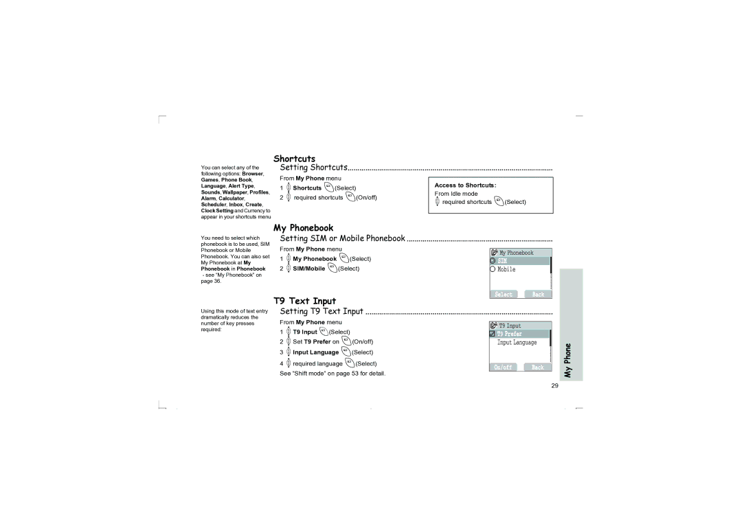 Panasonic EB-G50 operating instructions Shortcuts, My Phonebook, T9 Text Input 