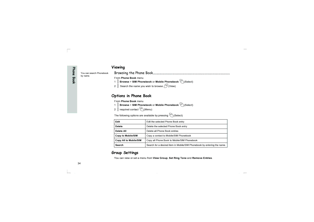 Panasonic EB-G50 operating instructions Viewing, Options in Phone Book, Group Settings, Browsing the Phone Book 