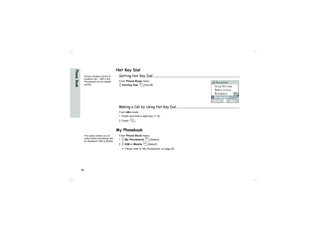 Panasonic EB-G50 Setting Hot Key Dial, Making a Call by Using Hot Key Dial, From Phone Book menu 4Hot Key Dial AOn/off 