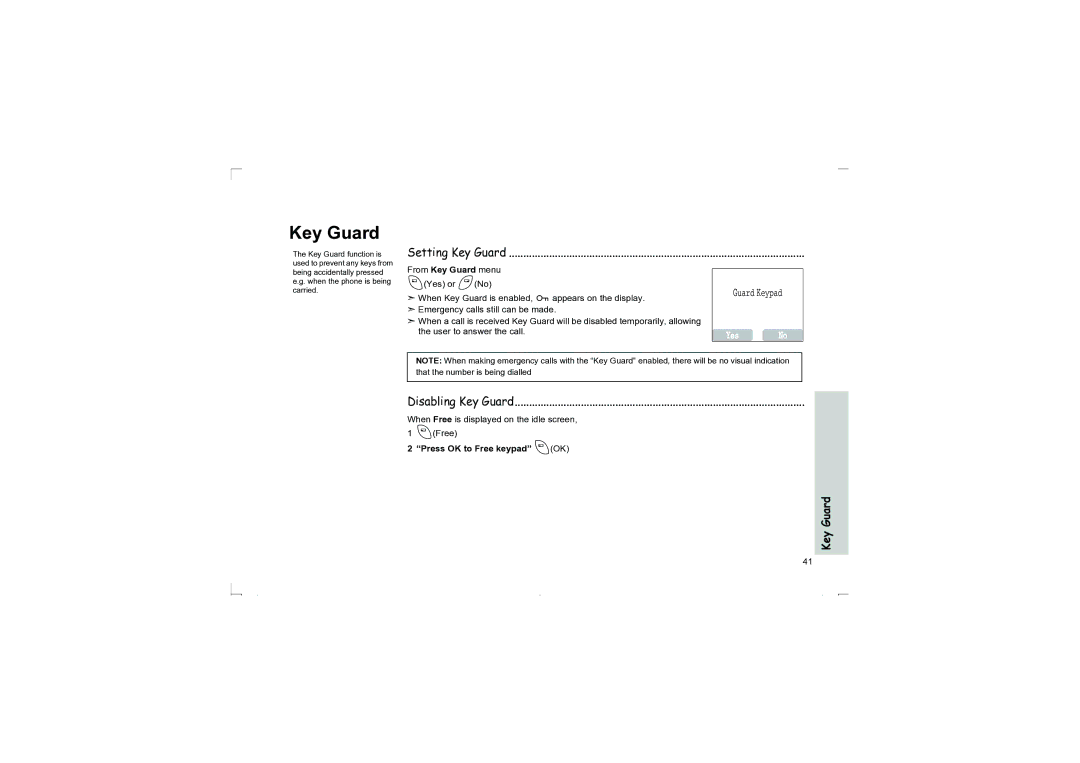 Panasonic EB-G50 Setting Key Guard, Disabling Key Guard, When Free is displayed on the idle screen AFree 