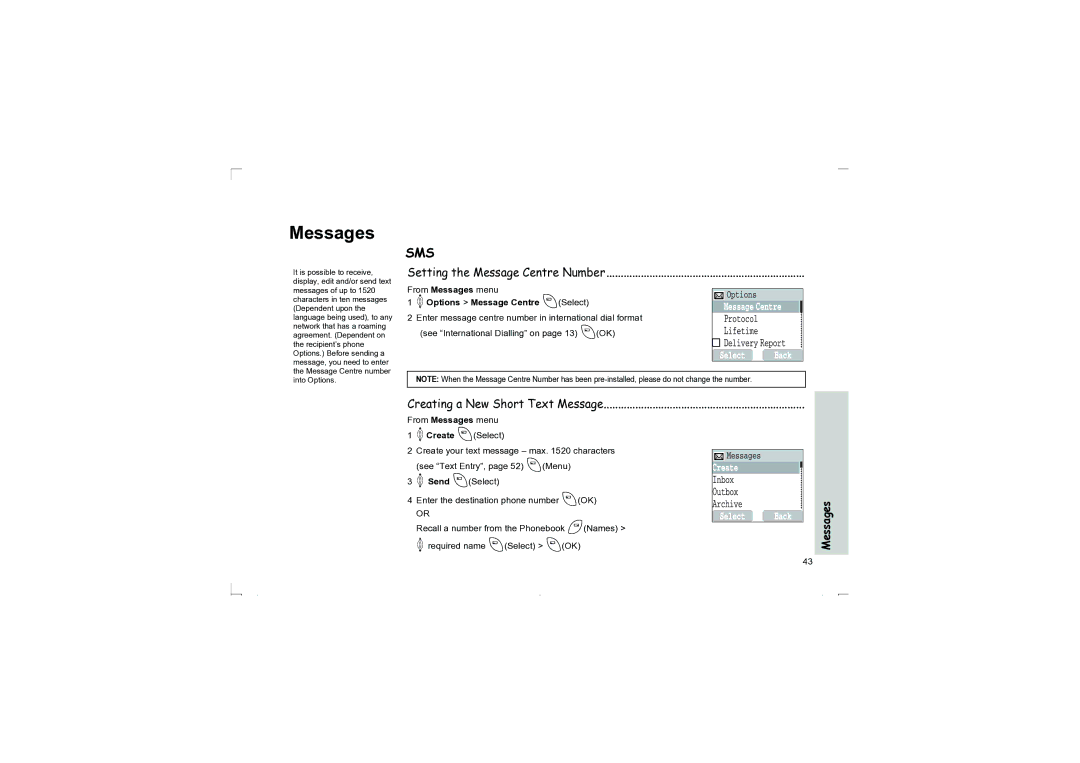 Panasonic EB-G50 Setting the Message Centre Number, Creating a New Short Text Message, From Messages menu 