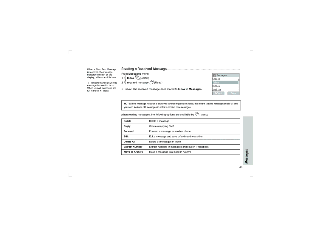 Panasonic EB-G50 operating instructions Reading a Received Message, Move to Archive Move a message into Inbox in Archive 