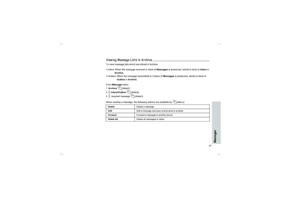 Panasonic EB-G50 operating instructions Viewing Message Lists in Archive, To view message lists which are stored in Archive 