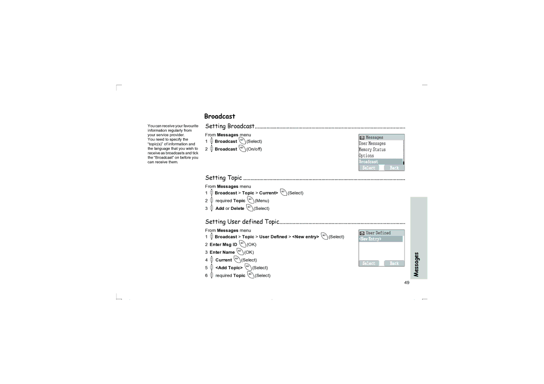 Panasonic EB-G50 operating instructions Setting Broadcast, Setting Topic, Setting User defined Topic 