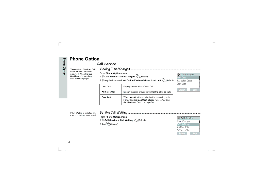 Panasonic EB-G50 operating instructions Phone Option, Call Service, Viewing Time/Charges, Setting Call Waiting 