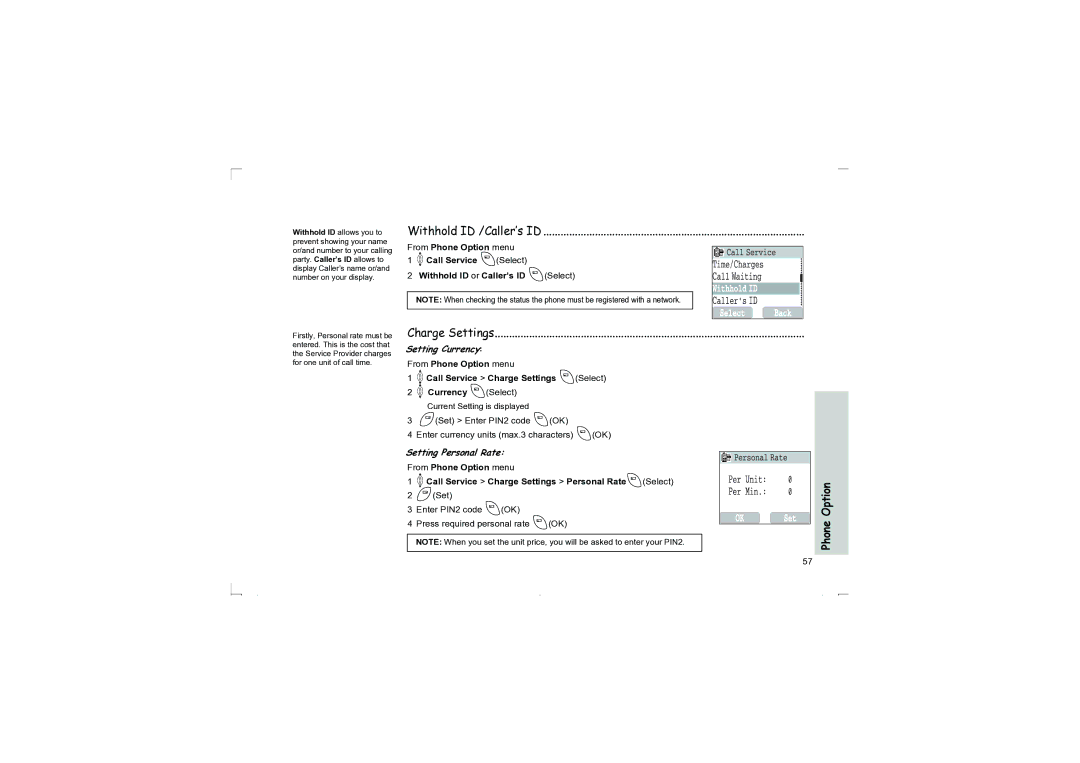 Panasonic EB-G50 operating instructions Withhold ID /Caller’s ID, Charge Settings, Setting Currency, Setting Personal Rate 