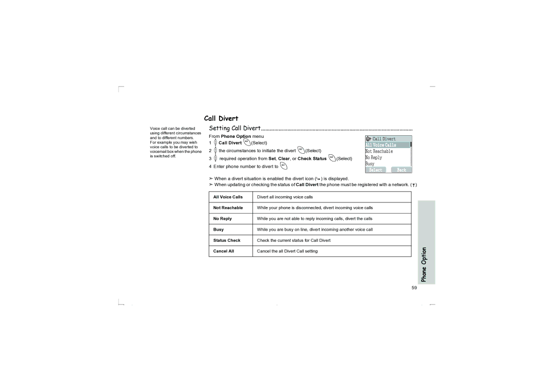 Panasonic EB-G50 operating instructions Setting Call Divert, Cancel All Cancel the all Divert Call setting 