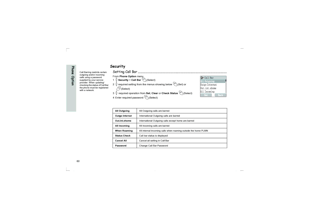 Panasonic EB-G50 operating instructions Setting Call Bar, From Phone Option menu 4Security Call Bar ASelect 