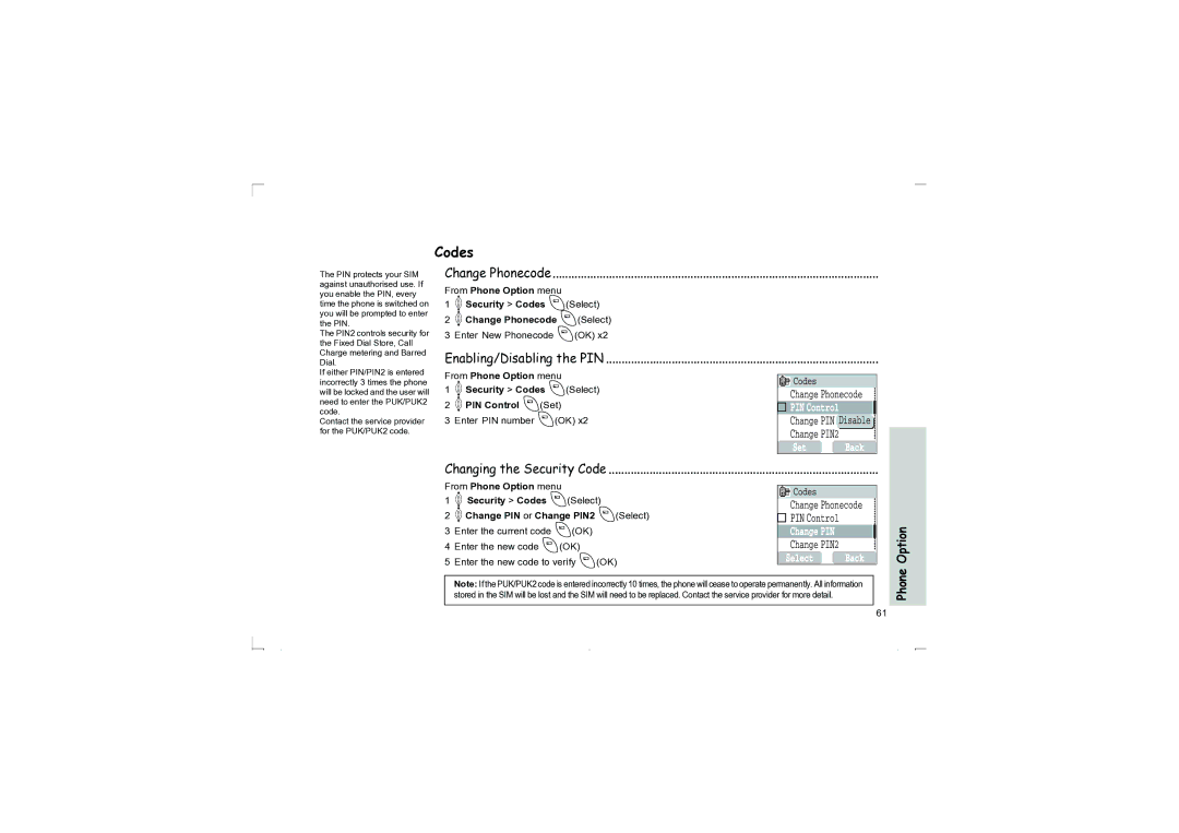 Panasonic EB-G50 operating instructions Codes, Change Phonecode, Enabling/Disabling the PIN, Changing the Security Code 