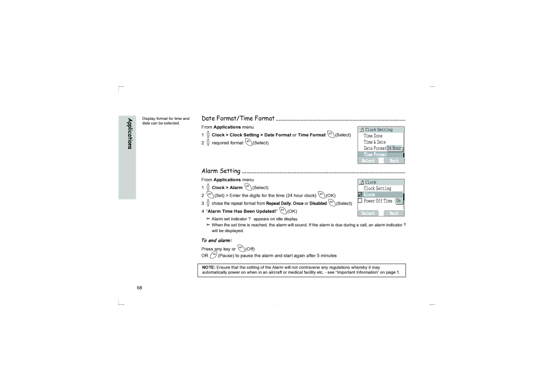 Panasonic EB-G50 Date Format/Time Format, Alarm Setting, From Applications menu 4Clock Alarm ASelect, To end alarm 