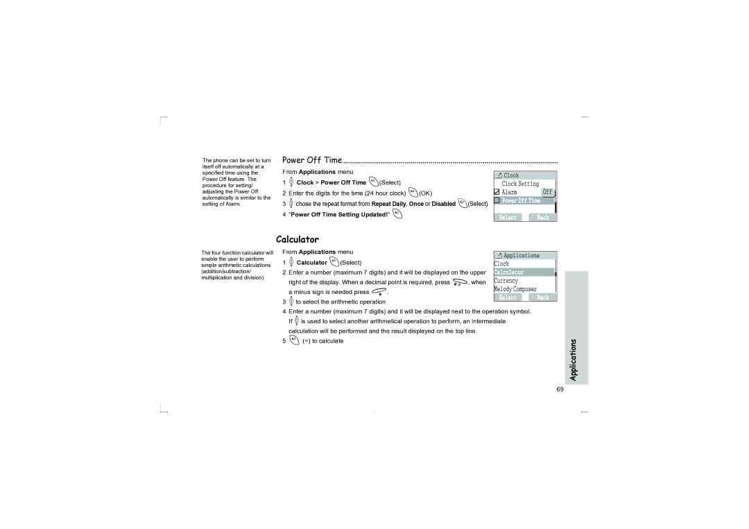 Panasonic EB-G50 Calculator, From Applications menu 4Clock Power Off Time ASelect, Power Off Time Setting Updated! a 