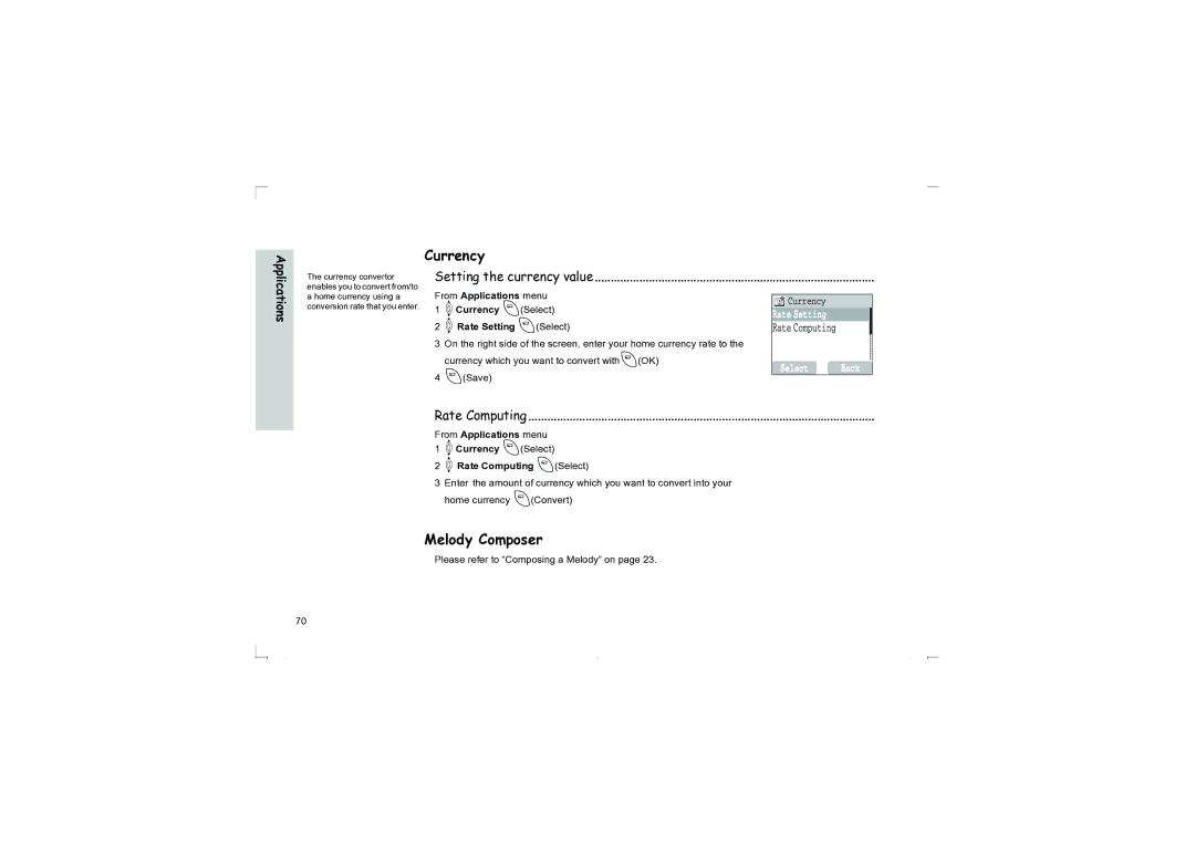 Panasonic EB-G50 operating instructions Currency, Melody Composer, Setting the currency value, Rate Computing 